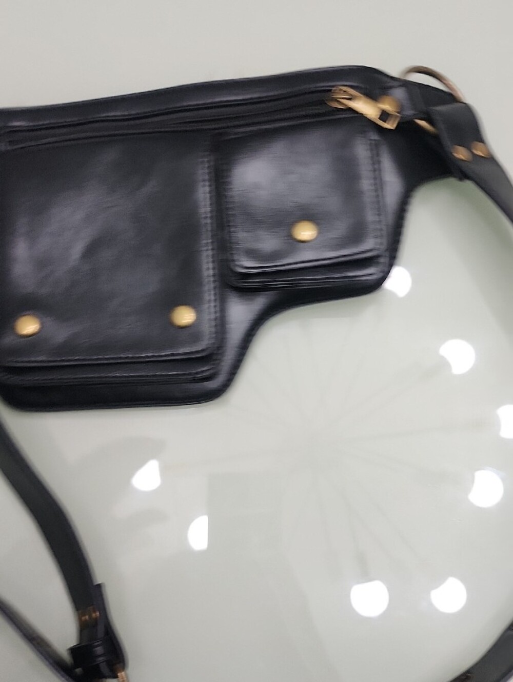 Black Leather Studded Belt Bag with Gold Accents - Picture 5 of 7